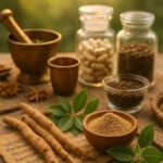 Close-up of fresh Ashwagandha roots and powder with green leaves on Ayurvedic manuscript, surrounded by traditional herbs and golden morning light, representing ancient and modern wellness uses.