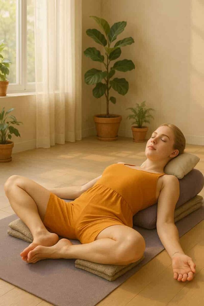 A young woman with fair skin, blue eyes, and brown hair practicing Reclined Bound Angle Pose (Supta Baddha Konasana) in a serene yoga studio. She lies on a bolster with blankets under her thighs, wearing a modern saffron yoga dress, eyes closed in relaxation.