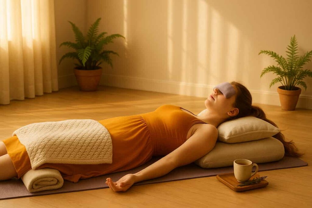 A young woman with fair skin, blue eyes, and brown hair practicing . She lies flat with a rolled blanket under her knees, a pillow under her head,
