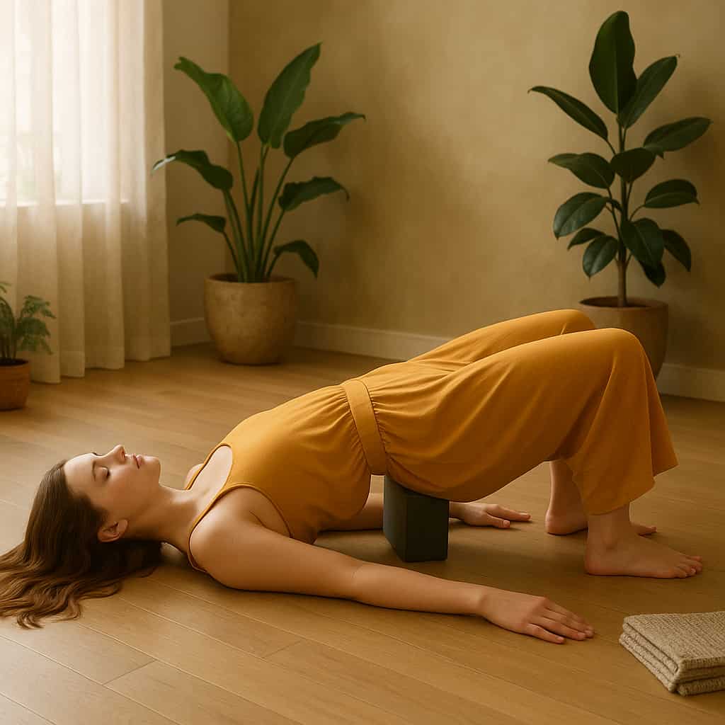 A young woman with fair skin, blue eyes, and brown hair practicing Supported Bridge Pose (Setu Bandha Sarvangasana) in a serene yoga studio. She lies on her back with a yoga block under her hips, knees bent, arms relaxed by her sides, wearing a modern saffron yoga dress, eyes closed in relaxation.