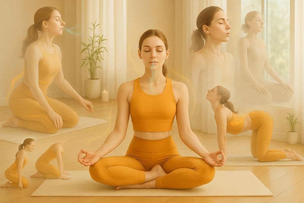 Fair-skinned woman with brown hair demonstrates safe Kundalini Yoga poses: Easy Pose, Spinal Flex, Cat-Cow, Shoulder Shrugs, and Breath of Fire in modern saffron attire