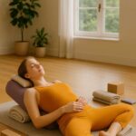 A young woman with fair skin, blue eyes, and brown hair practicing Reclined Bound Angle Pose (Supta Baddha Konasana) in a serene yoga studio. She lies on a bolster with blankets under her thighs, wearing a saffron yoga dress, eyes closed in relaxation. Props like a yoga block and pillow are nearby.