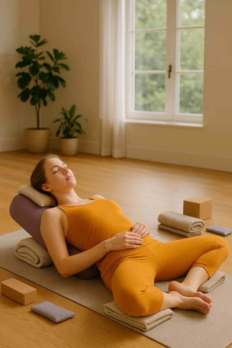 A young woman with fair skin, blue eyes, and brown hair practicing Reclined Bound Angle Pose (Supta Baddha Konasana) in a serene yoga studio. She lies on a bolster with blankets under her thighs, wearing a saffron yoga dress, eyes closed in relaxation. Props like a yoga block and pillow are nearby.