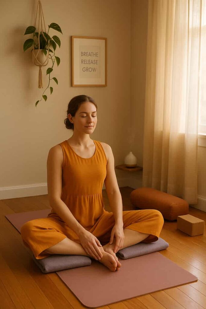 A young woman in a saffron yoga dress practices Butterfly Pose on a mat, using props for support. Sunlight illuminates her serene expression, illustrating Yin Yoga’s hip-opening and anxiety-calming benefits for beginners.
