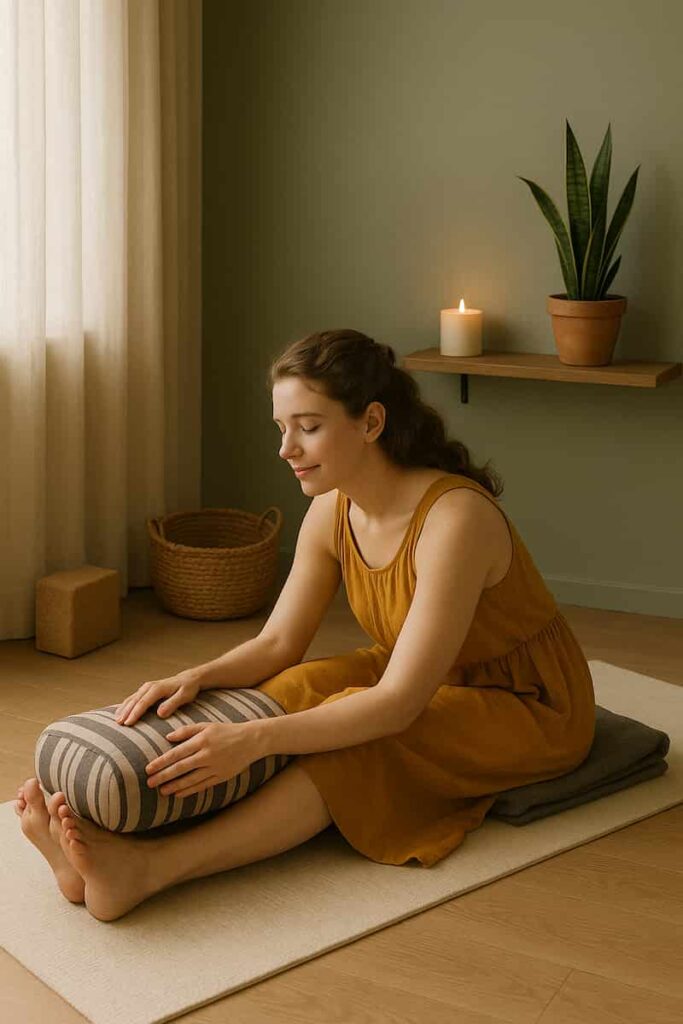 A young woman in a saffron yoga dress practices Caterpillar Pose, using a bolster and blanket for support. The serene studio setting highlights Yin Yoga’s spine and hamstring stretches for beginners