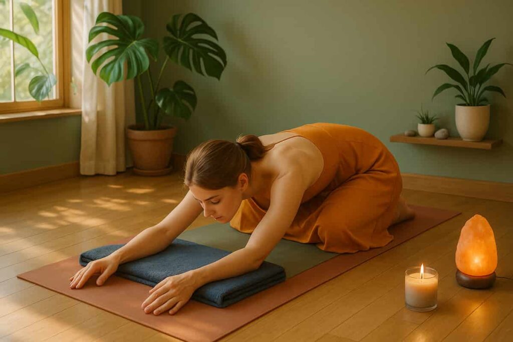 A young woman in a saffron yoga dress practices Child’s Pose on a terracotta mat, using a blanket for support. Serene decor, candles, and plants highlight Yin Yoga’s grounding benefits for beginners.