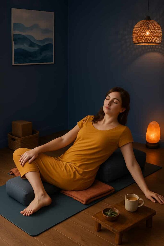 A young woman in a saffron yoga dress practices on a mat, using props for spinal detox. Serene studio elements like ginger tea and soft lighting highlight digestion