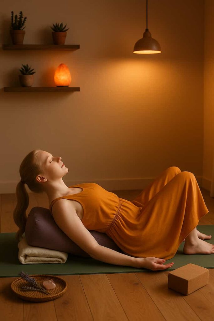A young woman in a saffron yoga dress practices with a bolster under her hips.