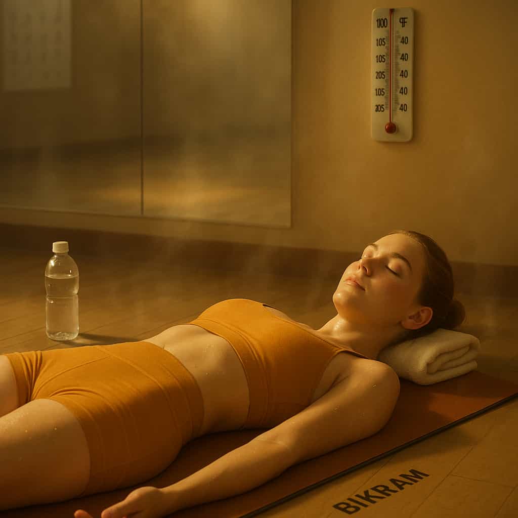 Young woman practicing Bikram Yoga Dead Body Pose (Savasana) in a heated studio, wearing traditional saffron activewear