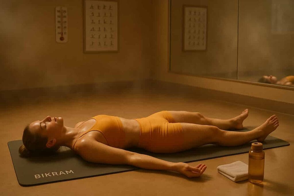 Young woman practicing Savasana, wearing traditional saffron activewear in a heated studio