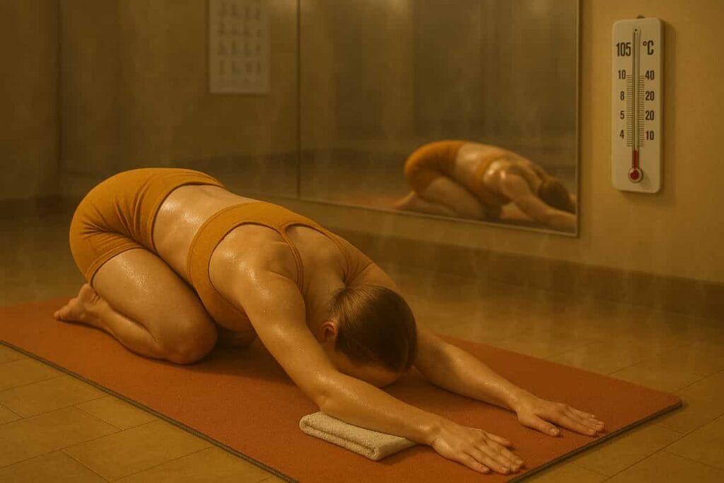 Young woman performing Bikram Yoga Half Tortoise Pose in a heated studio, wearing traditional saffron activewear