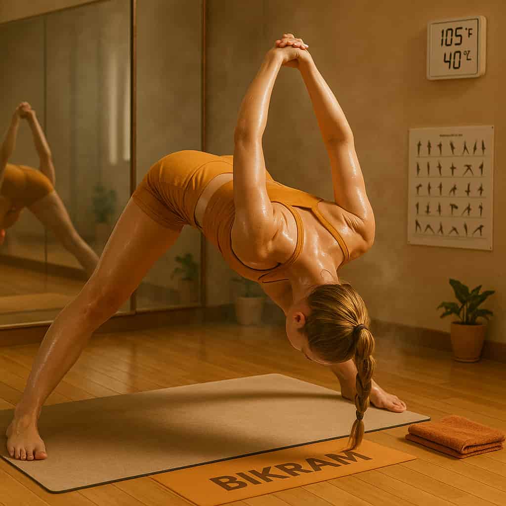 Young woman performing Bikram Yoga Standing Separate Leg Stretching Pose in a heated studio, wearing traditional saffron activewear