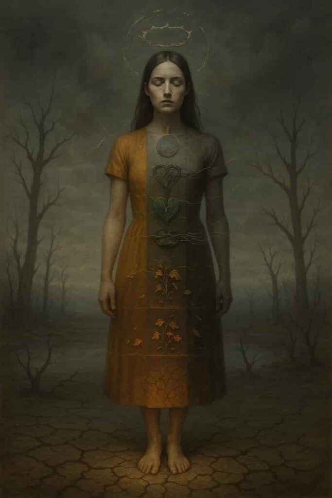 A person stands in a barren landscape, their body marked by seven disrupted chakras. Symbols include cracked earth underfoot, a dried riverbed at the hips, a dying fire at the stomach, a thorn-caged heart, chains around the throat, a fractured mirror at the forehead, and a shattered halo beneath stormy skies. Faint golden threads hint at healing potential.