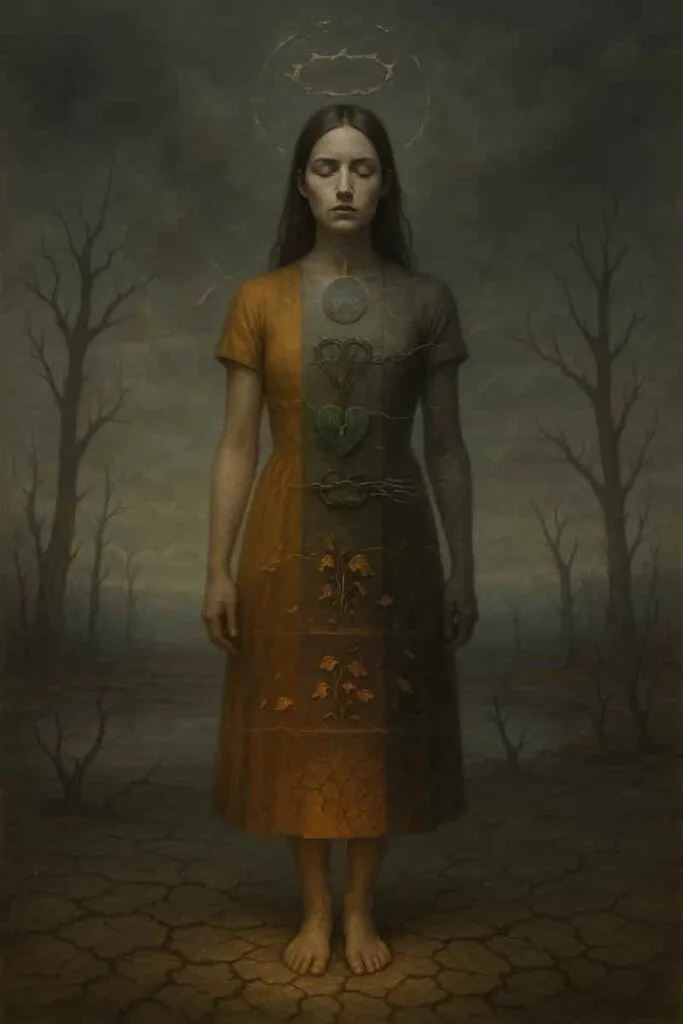 A person stands in a barren landscape, their body marked by seven disrupted chakras. Symbols include cracked earth underfoot, a dried riverbed at the hips, a dying fire at the stomach, a thorn-caged heart, chains around the throat, a fractured mirror at the forehead, and a shattered halo beneath stormy skies. Faint golden threads hint at healing potential.