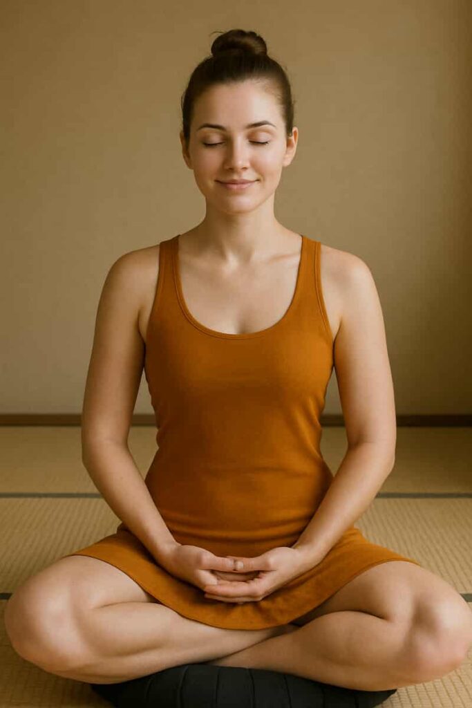 A peaceful 23-year-old woman in a deep saffron yoga dress practices breath-focused Zazen with eyes closed, seated calmly in a minimalist Zen room on a meditation cushion.