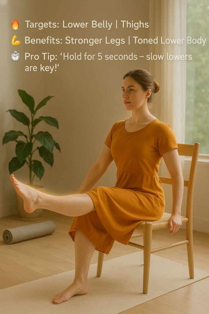 Young woman in saffron yoga dress performing chair leg lift exercise to strengthen thighs and core. Shows proper seated posture and leg extension.