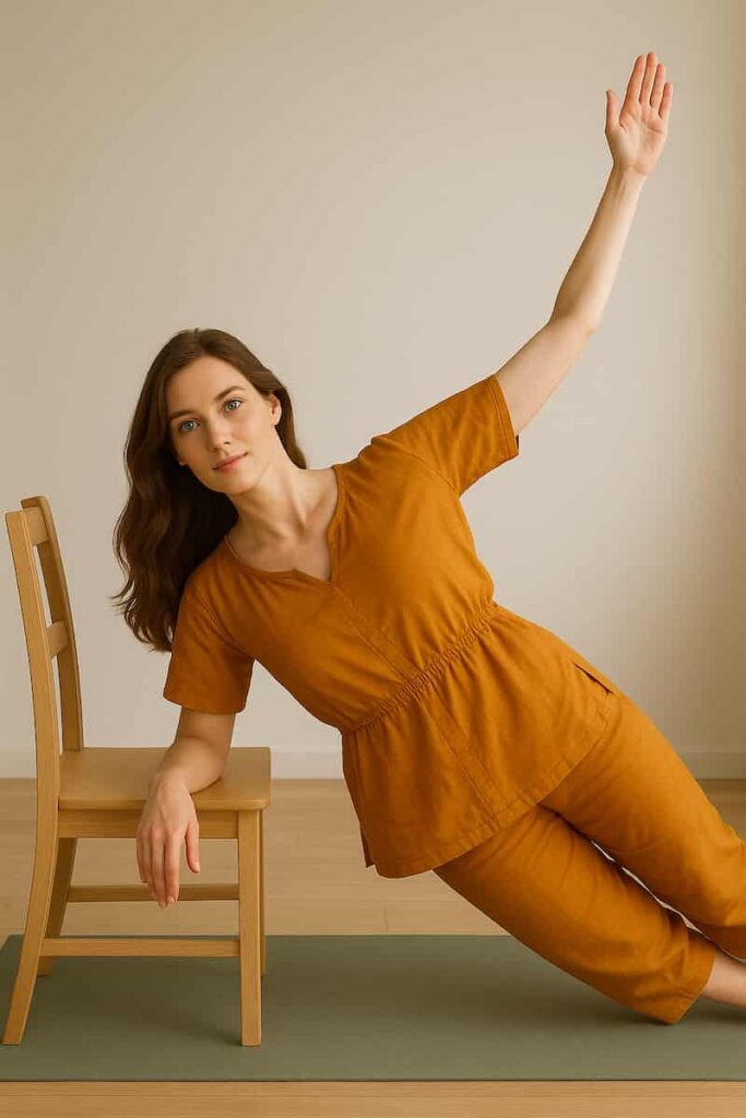 An athletic woman in saffron yoga dress performs supported Chair Side Plank, extending one leg and reaching overhead while maintaining perfect balance and core engagement.