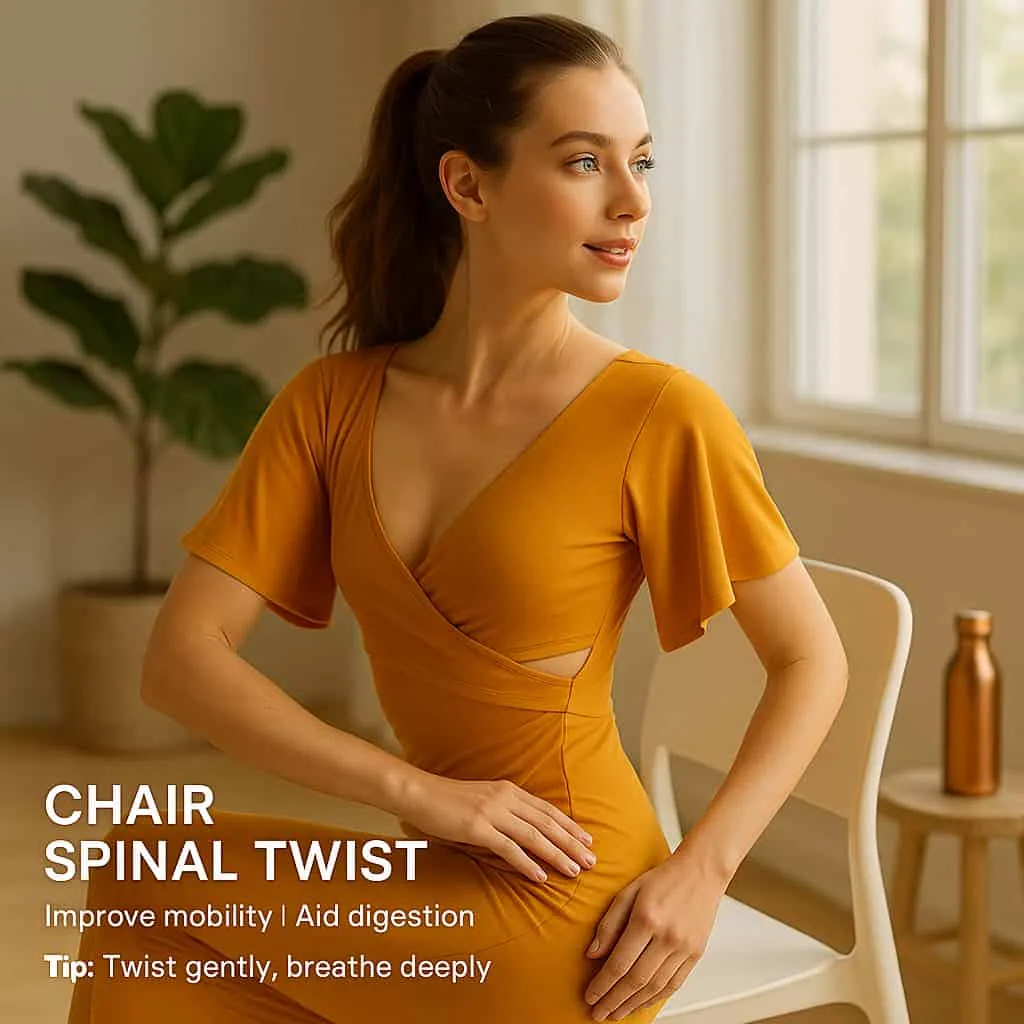 A young woman with fair skin, blue eyes, and chestnut-brown hair in a saffron yoga dress performs the Chair Spinal Twist on a white chair. She twists her torso gently, one hand on the chair and the other on her knee, in a bright minimalist studio with plants and soft light. Text overlay highlights spinal mobility, digestion benefits, and the tip: 'Twist gently, breathe deeply' for the *28-Day Chair Yoga Challeng