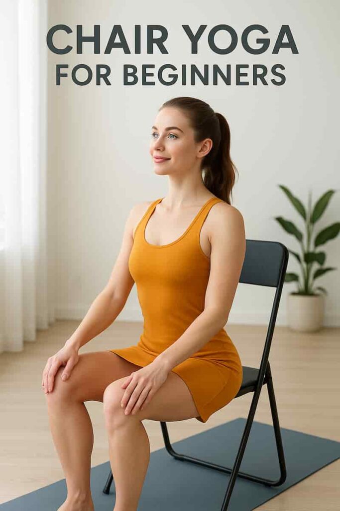 A cheerful young woman with brown hair and blue eyes practices chair yoga in a bright room, wearing a saffron yoga dress. She demonstrates a seated stretch with perfect form, ideal for beginners.