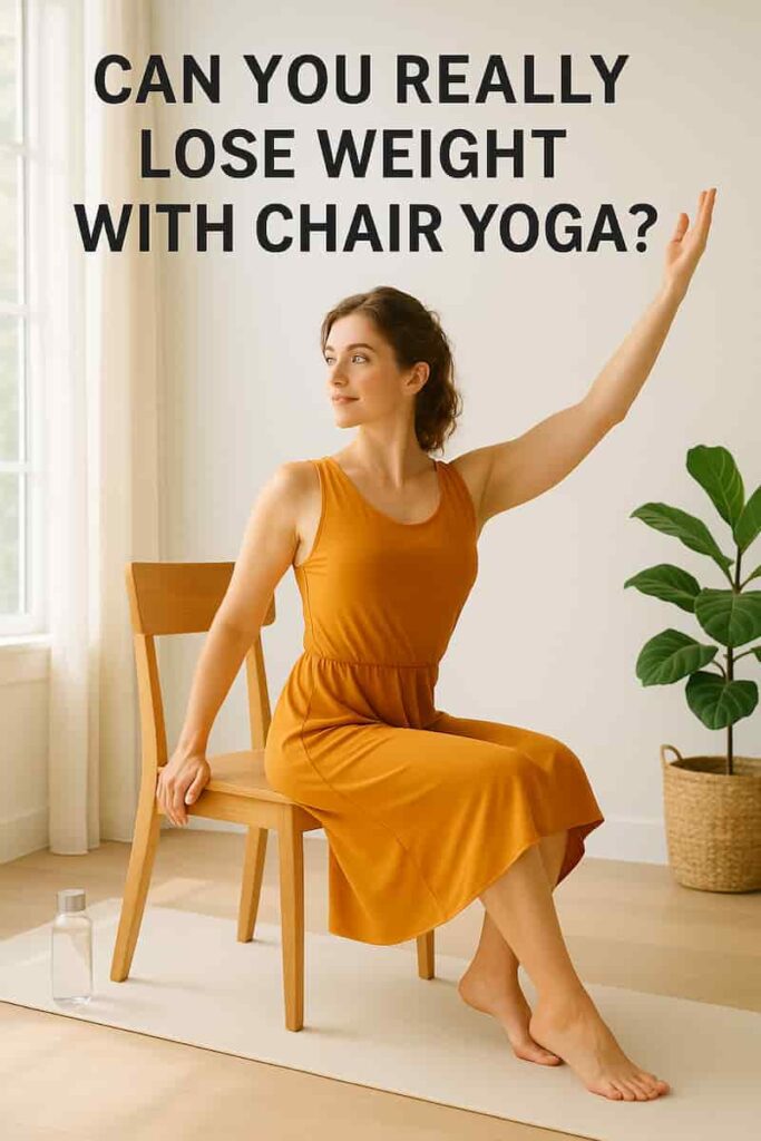 A young woman with fair skin, blue eyes, and brown hair demonstrates chair yoga for weight loss while wearing a modern saffron yoga dress. The image highlights key benefits: boosts metabolism, reduces stress, and builds muscle tone. Bright, natural lighting in a clean home studio setting.