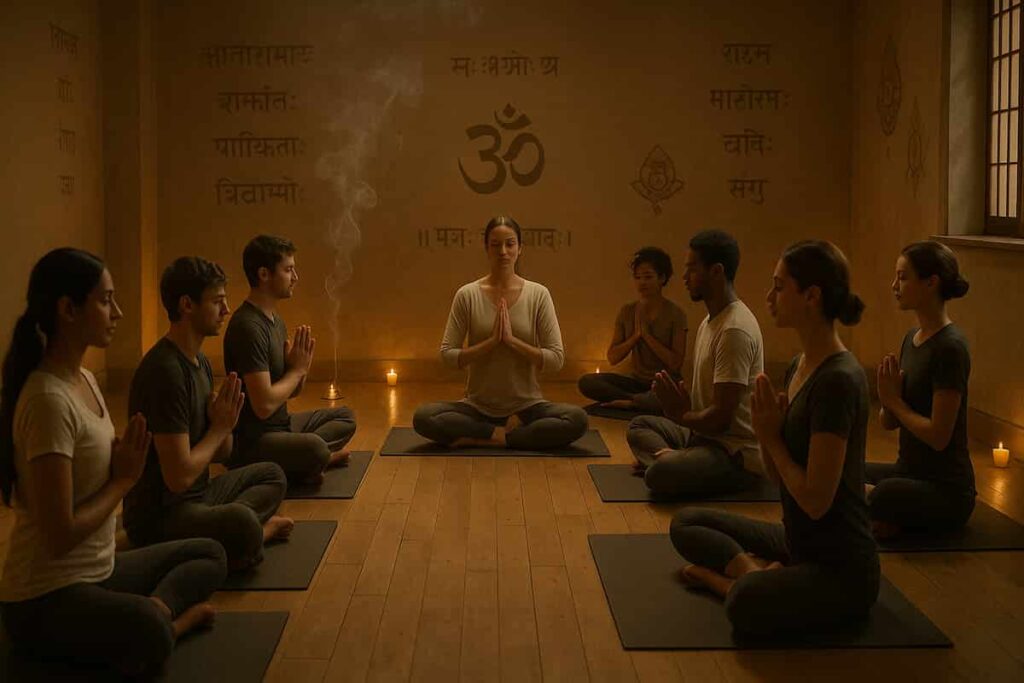 People practicing Jivamukti Yoga in a serene, candle-lit studio with Sanskrit texts and spiritual ambiance, guided by an experienced yoga teacher.