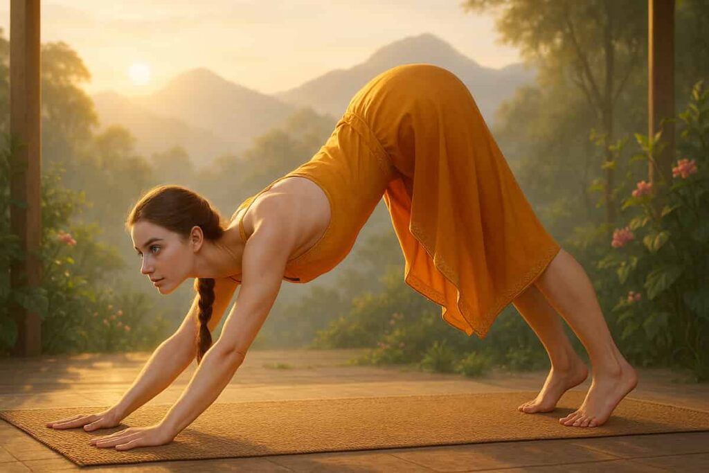 A young woman with fair skin, blue eyes, and brown hair in a saffron dress practices Downward-Facing Dog outdoors at sunrise. Her palms press into a woven mat, hips lifted high, with mountains and greenery in the background. Warm light highlights her alignment, symbolizing grounding and expansion