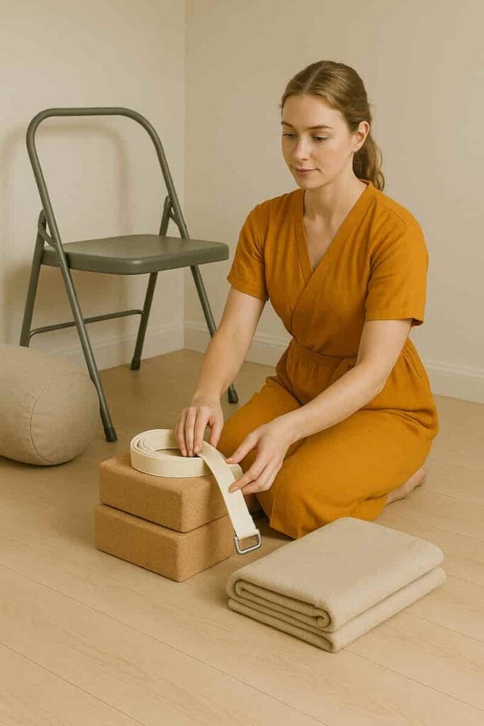 A peaceful yoga studio displaying essential Iyengar Yoga props like blocks, straps, blankets, bolsters, and a chair, with a woman in saffron yoga attire arranging them mindfully.