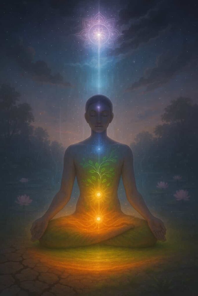 A serene figure Chakra Meditation for Beginners in lotus pose, surrounded by a twilight garden. Seven glowing chakras align along their spine, transitioning from deep red (root) to luminous violet (crown). Symbolic elements depict activation: cracked soil healing into fertile earth, orange water ripples at the hips, a golden sunburst at the abdomen, emerald vines budding near the heart, blue mist dissolving into sky, indigo light parting clouds at the third eye, and a white beam connecting to a celestial mandala above. Lotus blossoms float on still ponds, with shimmering particles and soft gradients evoking spiritual harmony.