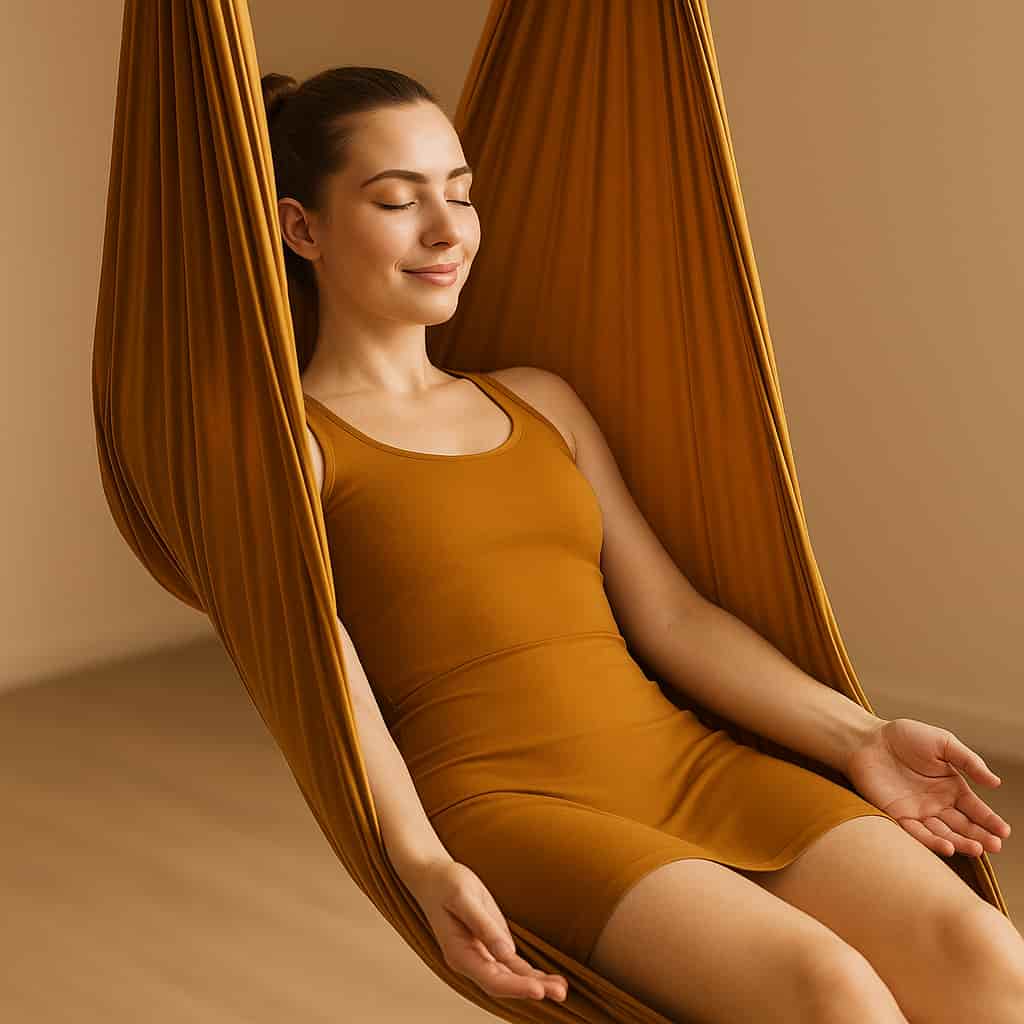 A serene young woman with fair skin, blue eyes, and brown hair in a bun, peacefully resting in Floating Savasana inside a saffron hammock in a softly lit, minimalist .