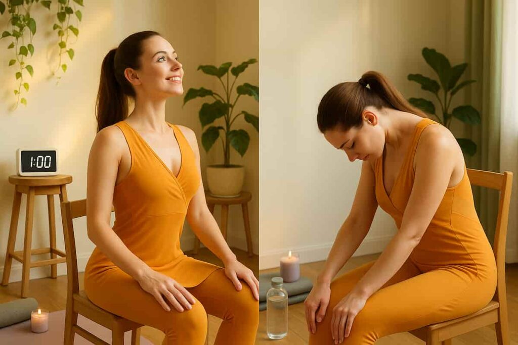 Fair-skinned woman in saffron yoga dress demonstrates Free Chair Yoga for Beginners seated Cat-Cow stretch on a chair, split-frame showing arched and rounded spine. Home studio with timer and plants for posture alignment.