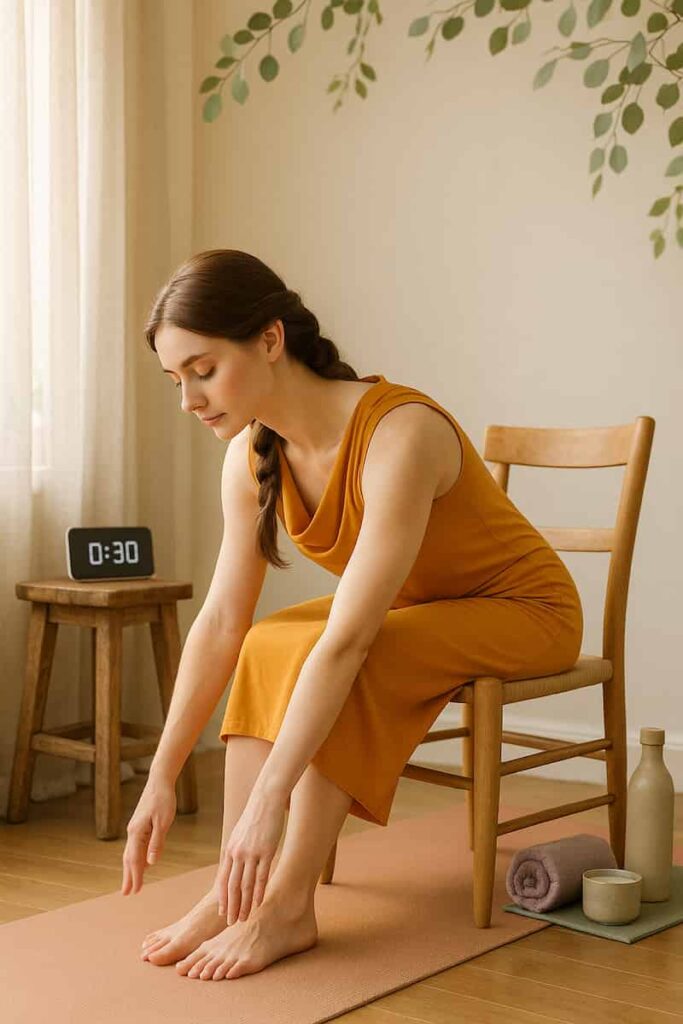 Fair-skinned woman in saffron dress practices seated forward fold on chair, arms dangling relaxed. Serene home studio with timer and plants for stress relief.