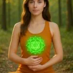 A realistic image of a beautiful 23-year-old woman with fair skin, blue eyes, and brown hair, wearing a modern saffron-colored yoga dress, meditating peacefully in a natural outdoor setting.