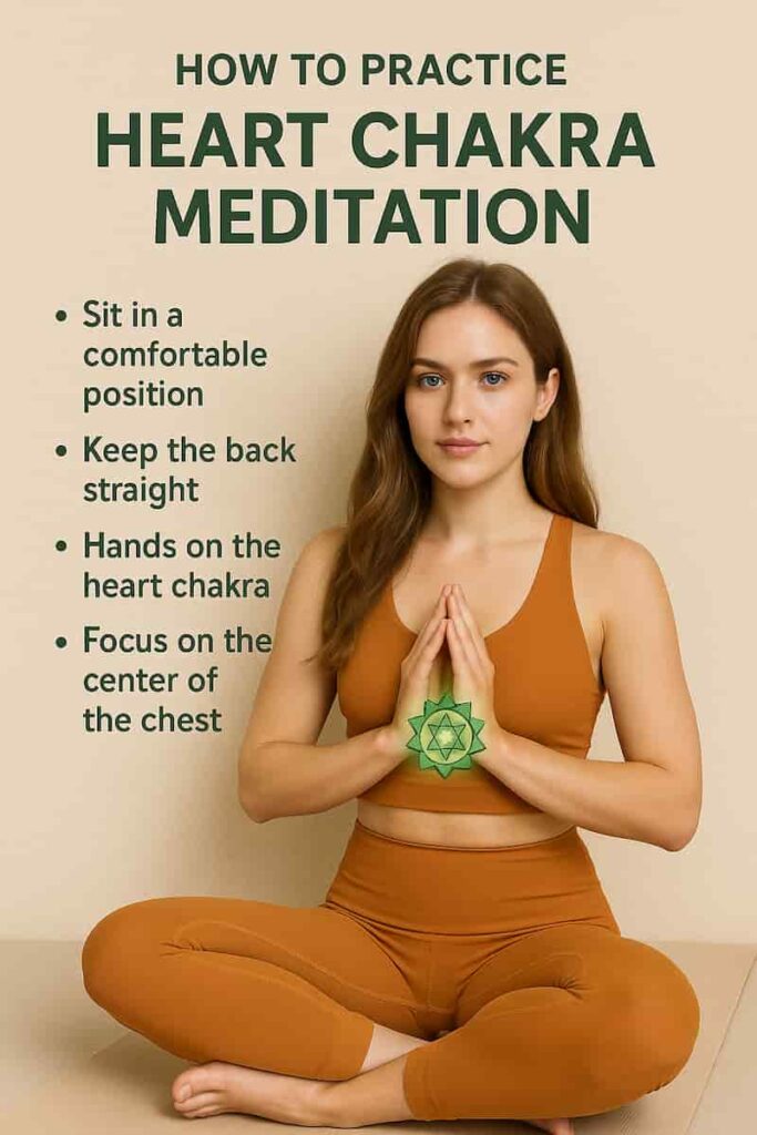 A beautiful young woman in a saffron yoga outfit practicing Heart Chakra Meditation in Sukhasana pose with hands at heart center, glowing green Anahata symbol, and step-by-step instructions on the left.