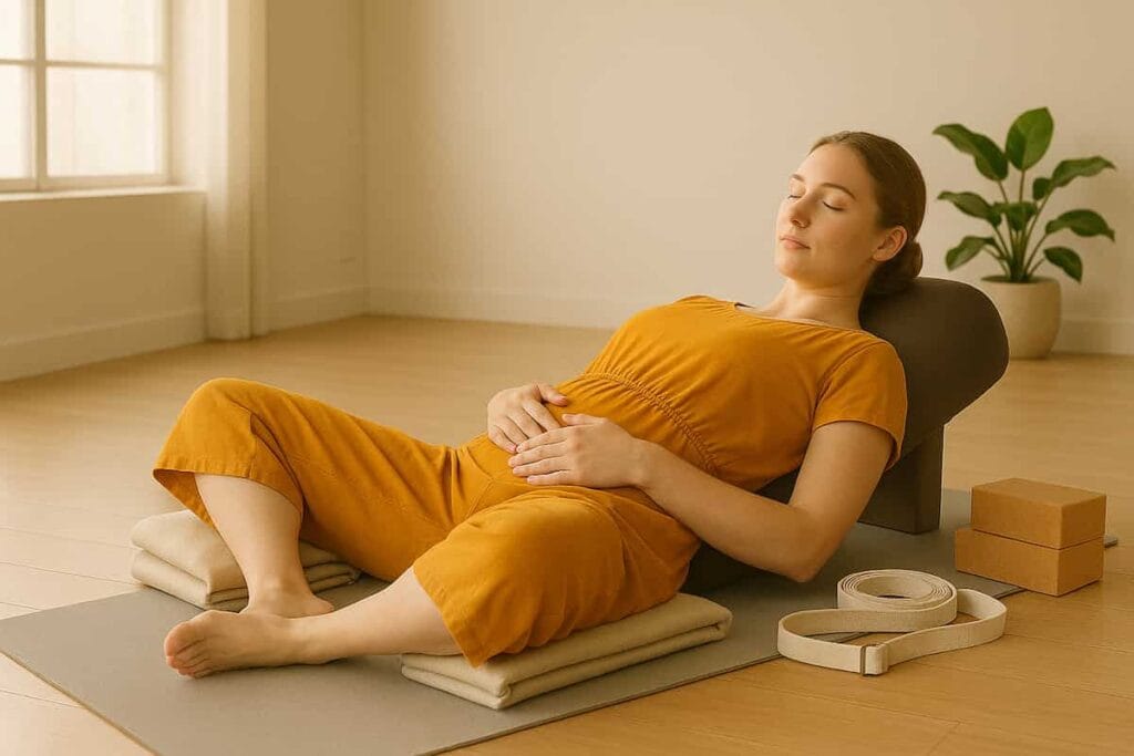 A woman practicing Supta Baddha Konasana (Reclining Bound Angle Pose) in an Iyengar Yoga studio with props like bolsters and blankets, illustrating the therapeutic and restorative benefits of Iyengar Yoga.