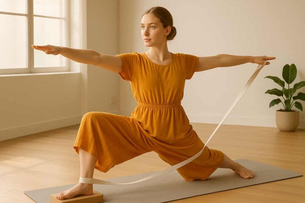Woman practicing Iyengar Yoga using props in a serene studio