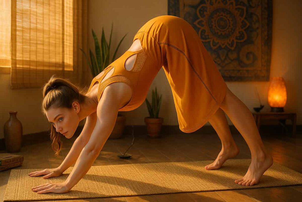 A young woman with fair skin, blue eyes, and brown hair practices Adho Mukha Svanasana (Downward-Facing Dog Pose) in a sustainable Jivamukti yoga studio. She wears a modern saffron yoga dress with mandala embroidery, her body aligned in an inverted V-shape against warm sunset light. Spiritual elements like a Himalayan salt lamp, incense, and Sanskrit decor emphasize mindfulness and strength.