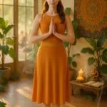 A young woman with fair skin, blue eyes, and brown hair practices Jivamukti Yoga in a sunlit studio, wearing a modern saffron dress with Sanskrit embroidery. Surrounded by plants, a mandala tapestry, and spiritual symbols, she stands in Mountain Pose, embodying mindfulness, strength, and inner peace.