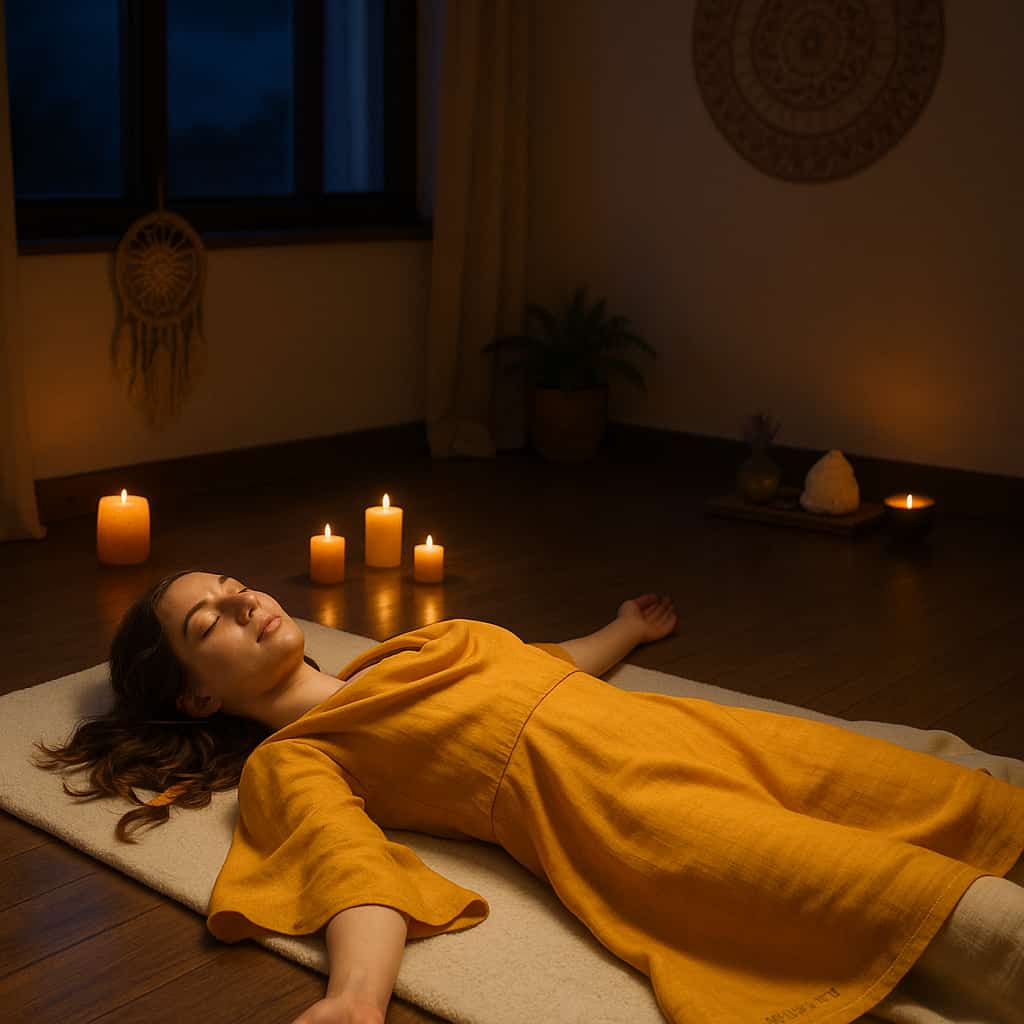 A young woman with fair skin, blue eyes, and brown hair practices Savasana (Final Relaxation Pose) in a tranquil studio. She wears a modern saffron dress with "Shanti" embroidery, lying peacefully amidst candles, a singing bowl, and lavender. The scene embodies stillness, renewal, and mindful surrender.