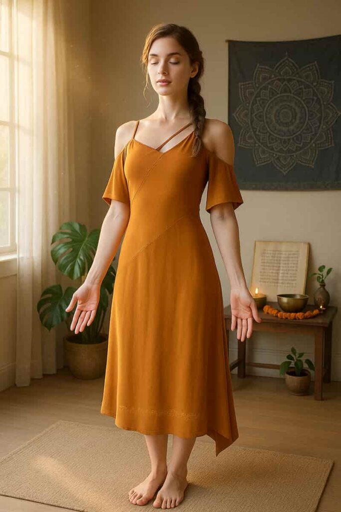 A young woman with fair skin, blue eyes, and brown hair practices Tadasana (Mountain Pose) in a minimalist Jivamukti yoga studio. She wears a modern saffron-colored yoga dress with Sanskrit mantra embroidery, standing in perfect alignment amidst soft dawn light, lush plants, and spiritual decor like a brass singing bowl and mandala tapestry. Her calm expression reflects mindfulness and inner peace.