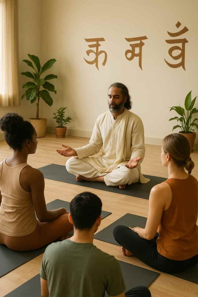Diverse students attending a teacher training workshop led by a spiritual mentor in a serene classroom with Sanskrit decor.
