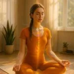 Serene woman in modern saffron yoga attire meditates in Easy Pose, with chakra energy, breath visualization, and sacred tools in a sunlit home studio.
