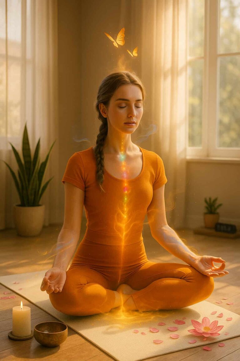 Serene woman in modern saffron yoga attire meditates in Easy Pose, with chakra energy, breath visualization, and sacred tools in a sunlit home studio.