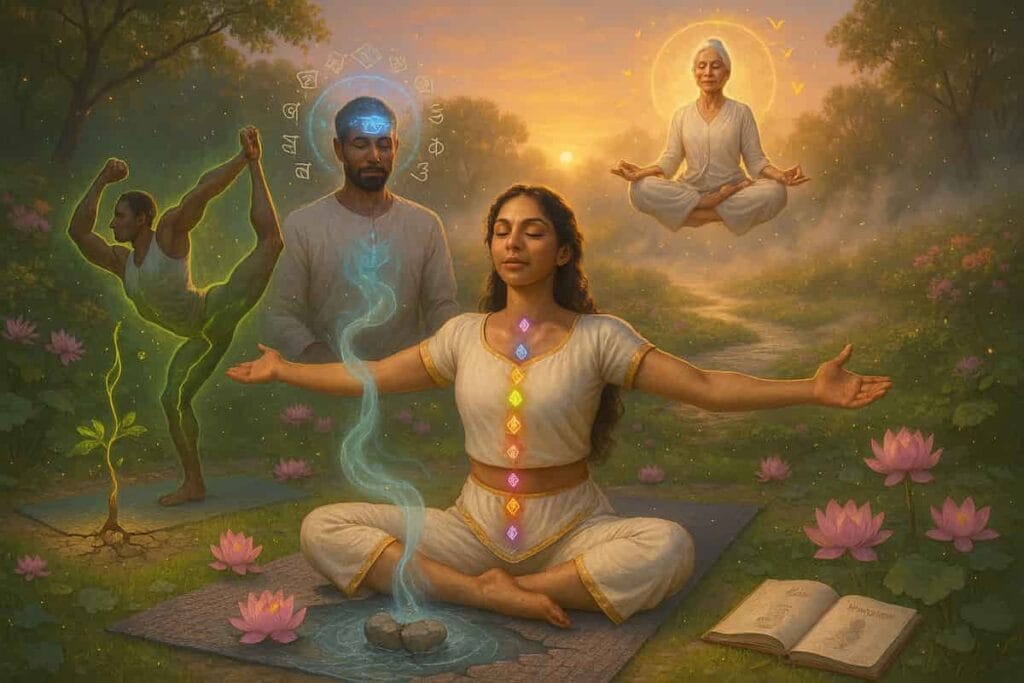 Diverse group experiences Kundalini Yoga benefits: chakra healing, mental clarity, emotional release, and spiritual energy in a sunlit garden
