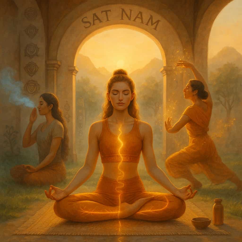 Group practicing Kundalini Yoga in a sunlit ashram: meditation, breathwork, dynamic kriyas, and chakra energy with realistic spiritual symbolism.