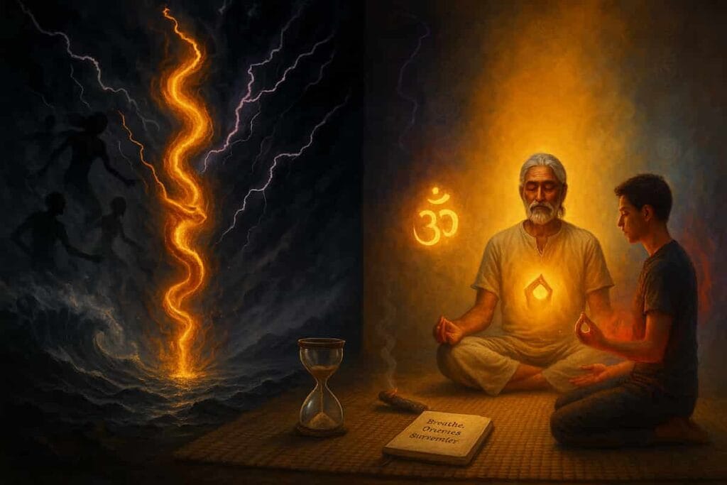 Kundalini Yoga’s duality: Stormy energy upheaval vs. calm guidance, with grounding mudras, mantras, and a teacher-student dynamic