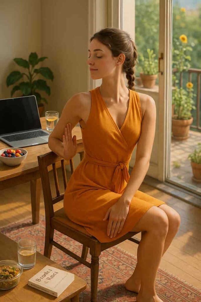 A fair-skinned woman in a saffron yoga dress practices a seated Chair Yoga Exercises spinal twist at a sunlit kitchen table. Surrounded by a laptop, fresh fruit, and a book, she embodies a calming midday reset routine