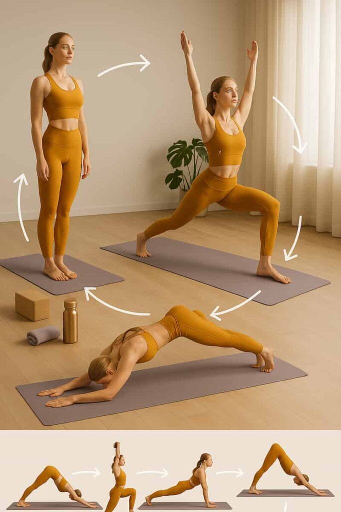 Fair-skinned woman with blue eyes demonstrating a circular flow for beginners, wearing fashionable saffron activewear in a sunlit studio