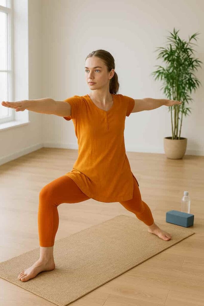 Young fair-skinned woman with blue eyes practicing Warrior II Pose in Power Yoga, wearing traditional saffron yoga attire in a modern studio
