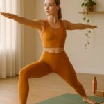 Fair-skinned woman with blue eyes in Warrior II Pose for Power Yoga, wearing modern saffron activewear in a sunlit minimalist studio