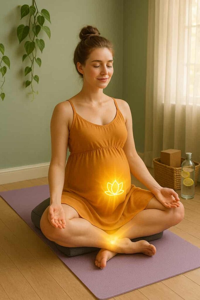 Pregnant woman in saffron yoga dress practicing Bound Angle Pose (Baddha Konasana) for hip opening and pelvic circulation during pregnancy